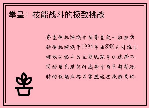拳皇：技能战斗的极致挑战